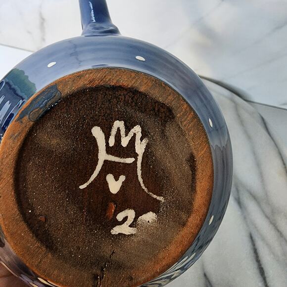 Artist Signed Vintage Blue Art Pottery Pitcher Floral Love Birds Boho Folk Art - Picture 2 of 9